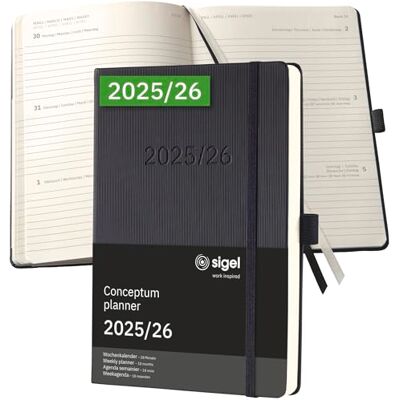 Sigel C2601 Wochenplaner Wochenkalender 2025/2026, ca. A5, schwarz, Hardcover, Gummiband, Stiftschlaufe, Archivtasche, aus nachhaltigem Papier, 18-Monatskalender, Kalenderbuch Conceptum Sigel C2601 Wochenplaner Wochenkalender 2025/2026, ca. A5, schwarz, Hardcover, Gummiband, Stiftschlaufe, Archivtasche, aus nachhaltigem Papier, 18-Monatskalender, Kalenderbuch Conceptum