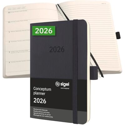 Sigel C2625 Terminplaner Wochennotiz-Kalender 2026, ca. A6, schwarz, Softcover, 176 Seiten, Gummiband, Stiftschlaufe, Archivtasche, aus nachhaltigem Papier, Kalenderbuch Conceptum Sigel C2625 Terminplaner Wochennotiz-Kalender 2026, ca. A6, schwarz, Softcover, 176 Seiten, Gummiband, Stiftschlaufe, Archivtasche, aus nachhaltigem Papier, Kalenderbuch Conceptum