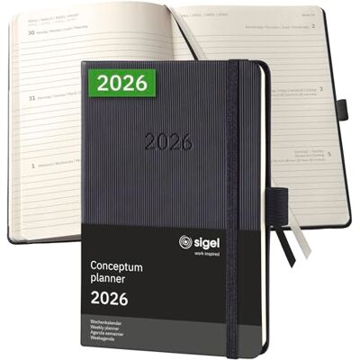 Sigel C2613 Wochenplaner Wochenkalender 2026, ca. A6, schwarz, Hardcover, 176 Seiten, Gummiband, Stiftschlaufe, Archivtasche, aus nachhaltigem Papier, Kalenderbuch Conceptum Sigel C2613 Wochenplaner Wochenkalender 2026, ca. A6, schwarz, Hardcover, 176 Seiten, Gummiband, Stiftschlaufe, Archivtasche, aus nachhaltigem Papier, Kalenderbuch Conceptum