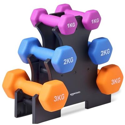 Amazon Basics Neopren Hanteln Gewichte, Hantelset mit Ständer, 3 Paar (1kg, 2kg, 3kg), Sechseckig, für Krafttraining und Fitnesskurse Amazon Basics Neopren Hanteln Gewichte, Hantelset mit Ständer, 3 Paar (1kg, 2kg, 3kg), Sechseckig, für Krafttraining und Fitnesskurse