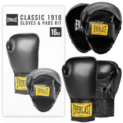 Everlast 1910 Classic Boxhandschuhe 16oz & Pratzen (Schwarz), Klettverschluss, Handschuhe aus synthetischem PU-Leder für Training, Sandsack & Sparring – Bequeme & schützende Ausrüstung Everlast 1910 Classic Boxhandschuhe 16oz & Pratzen (Schwarz), Klettverschluss, Handschuhe aus synthetischem PU-Leder für Training, Sandsack & Sparring – Bequeme & schützende Ausrüstung