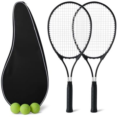 Amazon Basics Tennisschläger-Set, 2 Schläger 68,5cm, 3 Bälle, 2 Übergriffbänder, Leicht, für Erwachsene Anfänger, Schwarz Amazon Basics Tennisschläger-Set, 2 Schläger 68,5cm, 3 Bälle, 2 Übergriffbänder, Leicht, für Erwachsene Anfänger, Schwarz