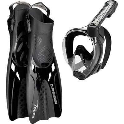 CRESSI Tonga Fins/Set Leichte Verstellbare Kurze Flossen oder Set Kurze Flossen + Vollgesichtsmaske Baron mit breitem Sichtfeld , perfekt zum Schnorcheln, Schwimmen, Erwachsene CRESSI Tonga Fins/Set Leichte Verstellbare Kurze Flossen oder Set Kurze Flossen + Vollgesichtsmaske Baron mit breitem Sichtfeld , perfekt zum Schnorcheln, Schwimmen, Erwachsene