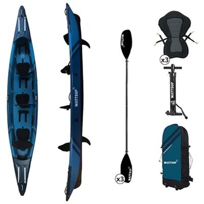 Wattsup Aufblasbares Kajak – Serie Torpedo 3-Sitzer – 476 x 80 cm (15'6 x 31 Zoll) – 100% Hochdruck/Dropstitch – Komplettpaket: Doppelsitzpaddel, Pumpe, Transporttasche – bis zu 235 kg – Blau Wattsup Aufblasbares Kajak – Serie Torpedo 3-Sitzer – 476 x 80 cm (15'6 x 31 Zoll) – 100% Hochdruck/Dropstitch – Komplettpaket: Doppelsitzpaddel, Pumpe, Transporttasche – bis zu 235 kg – Blau