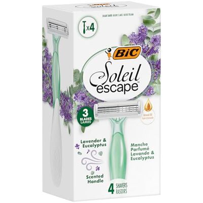 BIC Soleil Escape 3-Klingen-Einweg-Rasierer für Damen mit Lavendel & Eukalyptus, Feuchtigkeitsstreifen mit Mandelöl – 4er Box BIC Soleil Escape 3-Klingen-Einweg-Rasierer für Damen mit Lavendel & Eukalyptus, Feuchtigkeitsstreifen mit Mandelöl – 4er Box