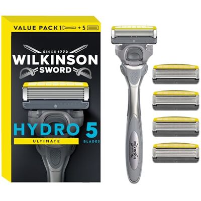 Wilkinson Sword Hydro 5 Ultimate Rasierer für Männer, Rasiergriff + 5 Rasierklingen, Feuchtigkeitsspendende Gel-Pools und Schockabsorptions-Technologie Wilkinson Sword Hydro 5 Ultimate Rasierer für Männer, Rasiergriff + 5 Rasierklingen, Feuchtigkeitsspendende Gel-Pools und Schockabsorptions-Technologie