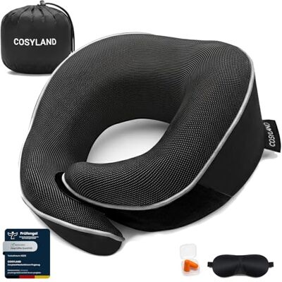 COSYLAND Nackenkissen Flugzeug & Auto 360° Support Memory Foam Reisekissen Verstellbar, Ergonomisches Nackenhörnchen Erwachsene inkl. Beutel, Schlafmaske, Schwarz COSYLAND Nackenkissen Flugzeug & Auto 360° Support Memory Foam Reisekissen Verstellbar, Ergonomisches Nackenhörnchen Erwachsene inkl. Beutel, Schlafmaske, Schwarz