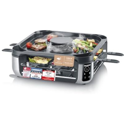 Severin Raclette-Grill, Umluft-Filter, weniger Rauch & Gerüche, 1900W Digital-Display, 8 Pfännchen, 8 Personen, kratzfeste ILAG-Beschichtung, Parkebene, bis 240°C, S-Joy Sevento®, schwarz, 2350 Severin Raclette-Grill, Umluft-Filter, weniger Rauch & Gerüche, 1900W Digital-Display, 8 Pfännchen, 8 Personen, kratzfeste ILAG-Beschichtung, Parkebene, bis 240°C, S-Joy Sevento®, schwarz, 2350