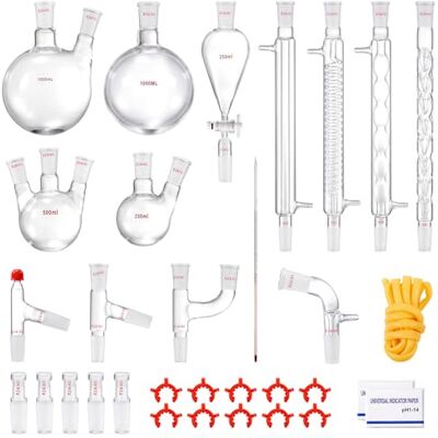 VEVOR Labor-Destillationsset, 3,3-Boro-Laborglas-Destillationsset mit 24- und 40-Verbindungen, 1000-ml-Destillationsgeräte-Set für Ätherische Öle, 32-teiliges Set mit Glaswaren VEVOR Labor-Destillationsset, 3,3-Boro-Laborglas-Destillationsset mit 24- und 40-Verbindungen, 1000-ml-Destillationsgeräte-Set für Ätherische Öle, 32-teiliges Set mit Glaswaren