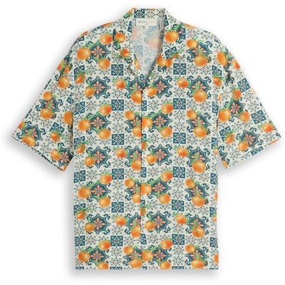 TOM TAILOR DENIM Herren Loose Fit Resort Kurzarmhemd mit Rückenprint, weiß, Gemustert, Gr. S TOM TAILOR DENIM Herren Loose Fit Resort Kurzarmhemd mit Rückenprint, weiß, Gemustert, Gr. S