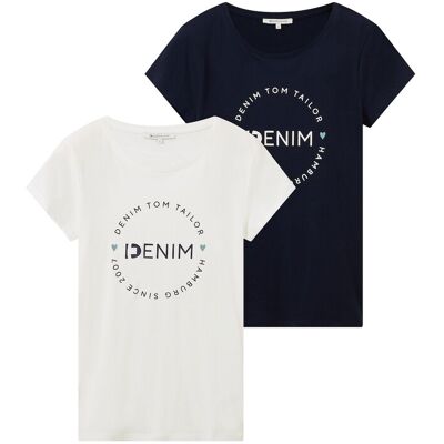 TOM TAILOR DENIM Damen Print T-Shirt im 2er-Pack, blau, Uni, Gr. XS TOM TAILOR DENIM Damen Print T-Shirt im 2er-Pack, blau, Uni, Gr. XS