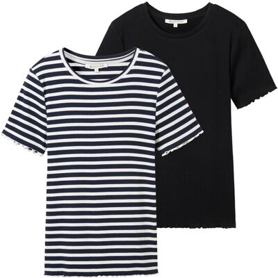 TOM TAILOR DENIM Damen Ripp T-Shirt im 2er-Pack, blau, Uni, Gr. XS TOM TAILOR DENIM Damen Ripp T-Shirt im 2er-Pack, blau, Uni, Gr. XS