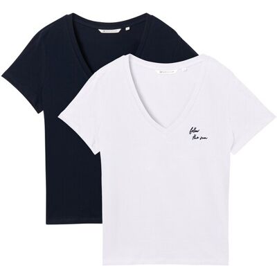 TOM TAILOR DENIM Damen T-Shirt mit V-Ausschnitt im 2er-Pack, blau, Uni, Gr. XS TOM TAILOR DENIM Damen T-Shirt mit V-Ausschnitt im 2er-Pack, blau, Uni, Gr. XS