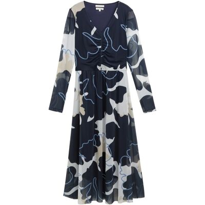 TOM TAILOR Damen Midi-Meshkleid mit Raffungen, blau, Geblümt, Gr. 34 TOM TAILOR Damen Midi-Meshkleid mit Raffungen, blau, Geblümt, Gr. 34