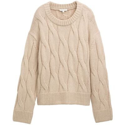 TOM TAILOR Damen Loose Fit Strickpullover mit Zopfmuster, braun, Meliert, Gr. L TOM TAILOR Damen Loose Fit Strickpullover mit Zopfmuster, braun, Meliert, Gr. L