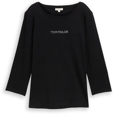 TOM TAILOR Damen Slim Fit Langarmshirt mit Glitzer-Logo, schwarz, Uni, Gr. S TOM TAILOR Damen Slim Fit Langarmshirt mit Glitzer-Logo, schwarz, Uni, Gr. S