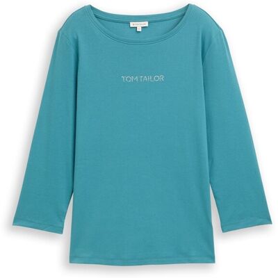 TOM TAILOR Damen Slim Fit Langarmshirt mit Glitzer-Logo, blau, Uni, Gr. M TOM TAILOR Damen Slim Fit Langarmshirt mit Glitzer-Logo, blau, Uni, Gr. M