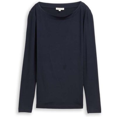 TOM TAILOR Damen Slim Fit Langarmshirt mit U-Boot-Ausschnitt, blau, Uni, Gr. XXXL TOM TAILOR Damen Slim Fit Langarmshirt mit U-Boot-Ausschnitt, blau, Uni, Gr. XXXL