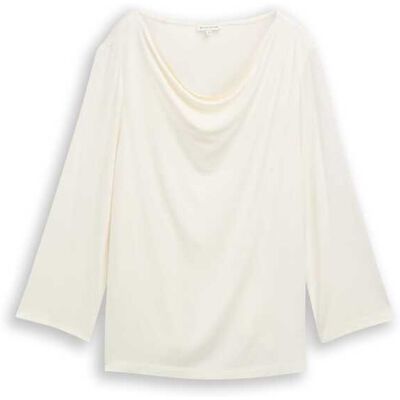 TOM TAILOR Damen Langarmshirt mit Wasserfallkragen, weiß, Uni, Gr. S TOM TAILOR Damen Langarmshirt mit Wasserfallkragen, weiß, Uni, Gr. S
