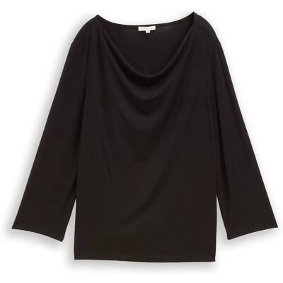 TOM TAILOR Damen Langarmshirt mit Wasserfallkragen, schwarz, Uni, Gr. XS TOM TAILOR Damen Langarmshirt mit Wasserfallkragen, schwarz, Uni, Gr. XS