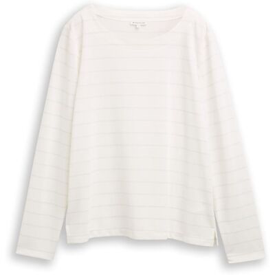 TOM TAILOR Damen Langarmshirt mit Glitzer-Streifenmuster, weiß, Gestreift, Gr. S TOM TAILOR Damen Langarmshirt mit Glitzer-Streifenmuster, weiß, Gestreift, Gr. S