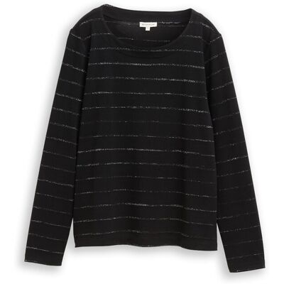 TOM TAILOR Damen Langarmshirt mit Glitzer-Streifenmuster, schwarz, Gestreift, Gr. S TOM TAILOR Damen Langarmshirt mit Glitzer-Streifenmuster, schwarz, Gestreift, Gr. S