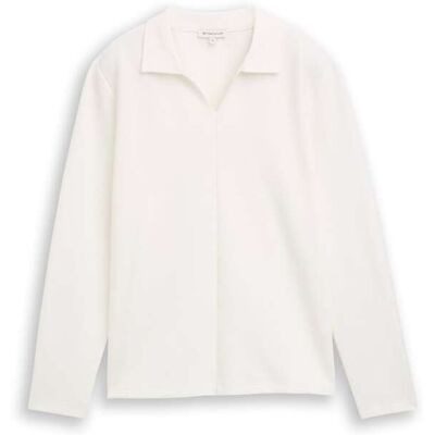 TOM TAILOR Damen Langarmshirt mit Polokragen, weiß, Uni, Gr. S TOM TAILOR Damen Langarmshirt mit Polokragen, weiß, Uni, Gr. S