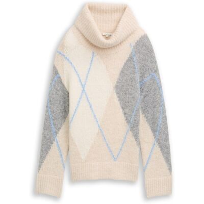 TOM TAILOR Damen Oversize Rollkragenpullover mit Wollanteil, beige, Gemustert, Gr. S TOM TAILOR Damen Oversize Rollkragenpullover mit Wollanteil, beige, Gemustert, Gr. S