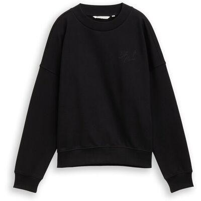TOM TAILOR DENIM Damen Sweatshirt mit Glitzer-Stickerei, schwarz, Uni, Gr. S TOM TAILOR DENIM Damen Sweatshirt mit Glitzer-Stickerei, schwarz, Uni, Gr. S