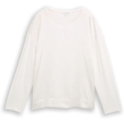 TOM TAILOR Damen Loose Fit Langarmshirt im Material-Mix, weiß, Uni, Gr. S TOM TAILOR Damen Loose Fit Langarmshirt im Material-Mix, weiß, Uni, Gr. S