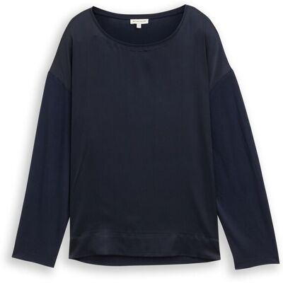 TOM TAILOR Damen Loose Fit Langarmshirt im Material-Mix, blau, Uni, Gr. S TOM TAILOR Damen Loose Fit Langarmshirt im Material-Mix, blau, Uni, Gr. S