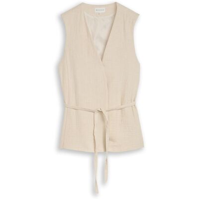 TOM TAILOR Damen Crinkle Blazer-Weste mit Leinenanteil, beige, Meliert, Gr. 34 TOM TAILOR Damen Crinkle Blazer-Weste mit Leinenanteil, beige, Meliert, Gr. 34
