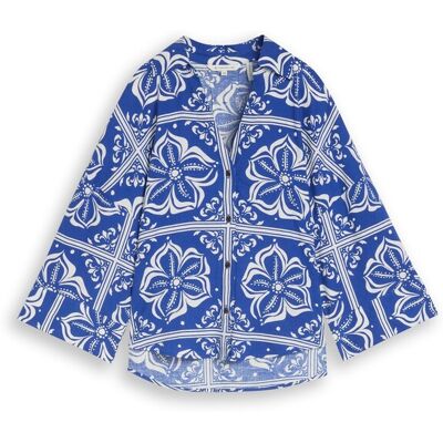 TOM TAILOR Damen Oversize Bluse mit Leinenanteil, blau, Gemustert, Gr. 36 TOM TAILOR Damen Oversize Bluse mit Leinenanteil, blau, Gemustert, Gr. 36