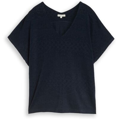 TOM TAILOR Damen Loose Fit Ajour T-Shirt, blau, Uni, Gr. S TOM TAILOR Damen Loose Fit Ajour T-Shirt, blau, Uni, Gr. S