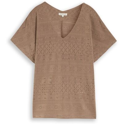 TOM TAILOR Damen Loose Fit Ajour T-Shirt, braun, Uni, Gr. S TOM TAILOR Damen Loose Fit Ajour T-Shirt, braun, Uni, Gr. S
