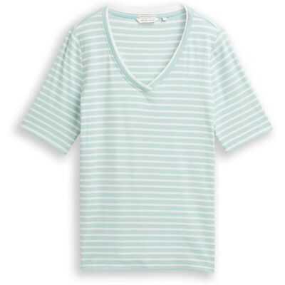 TOM TAILOR Damen Slim Fit T-Shirt mit V-Ausschnitt, grün, Gestreift, Gr. S TOM TAILOR Damen Slim Fit T-Shirt mit V-Ausschnitt, grün, Gestreift, Gr. S
