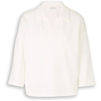 TOM TAILOR Damen Loose Fit Scuba Langarmshirt mit Polokragen, weiß, Uni, Gr. S TOM TAILOR Damen Loose Fit Scuba Langarmshirt mit Polokragen, weiß, Uni, Gr. S