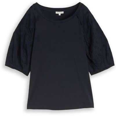 TOM TAILOR Damen T-Shirt mit Lochstickereien, blau, Uni, Gr. S TOM TAILOR Damen T-Shirt mit Lochstickereien, blau, Uni, Gr. S