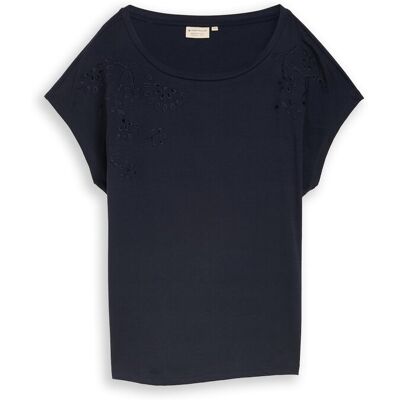 TOM TAILOR Damen T-Shirt mit Lochstickereien, blau, Uni, Gr. S TOM TAILOR Damen T-Shirt mit Lochstickereien, blau, Uni, Gr. S