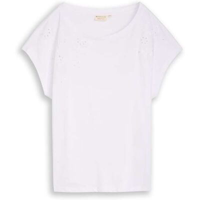 TOM TAILOR Damen T-Shirt mit Lochstickereien, weiß, Uni, Gr. S TOM TAILOR Damen T-Shirt mit Lochstickereien, weiß, Uni, Gr. S