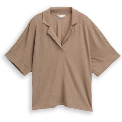TOM TAILOR Damen Loose Fit T-Shirt mit Reverskragen, braun, Uni, Gr. XS TOM TAILOR Damen Loose Fit T-Shirt mit Reverskragen, braun, Uni, Gr. XS