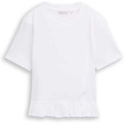 TOM TAILOR DENIM Damen T-Shirt mit Volants, weiß, Uni, Gr. S TOM TAILOR DENIM Damen T-Shirt mit Volants, weiß, Uni, Gr. S