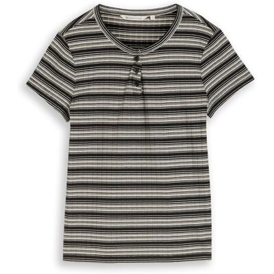 TOM TAILOR DENIM Damen Henley T-Shirt mit Streifenmuster, schwarz, Gestreift, Gr. M TOM TAILOR DENIM Damen Henley T-Shirt mit Streifenmuster, schwarz, Gestreift, Gr. M