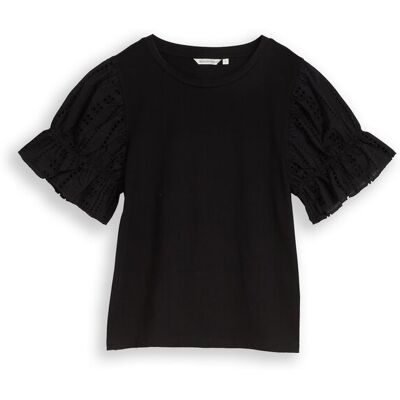 TOM TAILOR DENIM Damen Loose Fit T-Shirt mit Lochstickereien, schwarz, Uni, Gr. S TOM TAILOR DENIM Damen Loose Fit T-Shirt mit Lochstickereien, schwarz, Uni, Gr. S