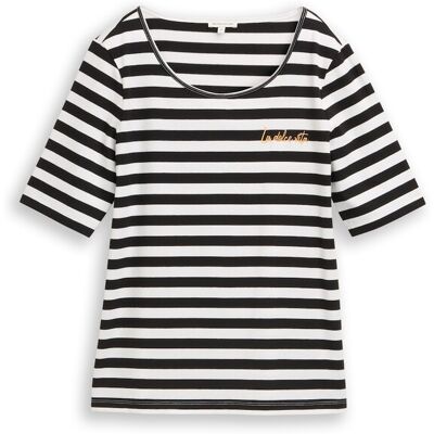 TOM TAILOR Damen T-Shirt mit Stickerei, schwarz, Gestreift, Gr. S TOM TAILOR Damen T-Shirt mit Stickerei, schwarz, Gestreift, Gr. S