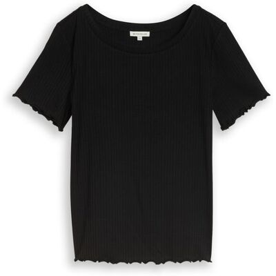 TOM TAILOR Damen T-Shirt mit Rippstruktur, schwarz, Uni, Gr. M TOM TAILOR Damen T-Shirt mit Rippstruktur, schwarz, Uni, Gr. M