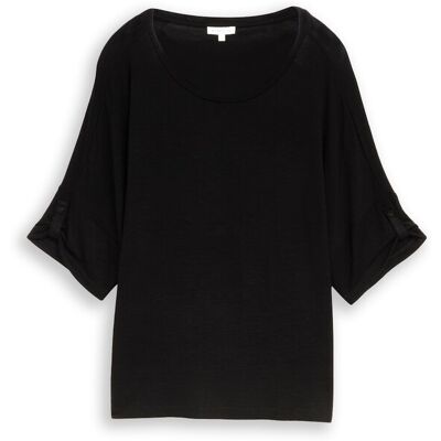 TOM TAILOR Damen T-Shirt mit Turn-Up-Funktion, schwarz, Uni, Gr. S TOM TAILOR Damen T-Shirt mit Turn-Up-Funktion, schwarz, Uni, Gr. S