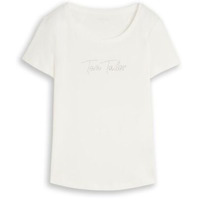 TOM TAILOR Damen T-Shirt mit Glitzer-Logo, weiß, Uni, Gr. S TOM TAILOR Damen T-Shirt mit Glitzer-Logo, weiß, Uni, Gr. S