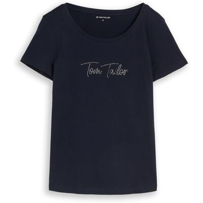 TOM TAILOR Damen T-Shirt mit Glitzer-Logo, blau, Uni, Gr. S TOM TAILOR Damen T-Shirt mit Glitzer-Logo, blau, Uni, Gr. S