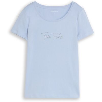 TOM TAILOR Damen T-Shirt mit Glitzer-Logo, blau, Uni, Gr. S TOM TAILOR Damen T-Shirt mit Glitzer-Logo, blau, Uni, Gr. S
